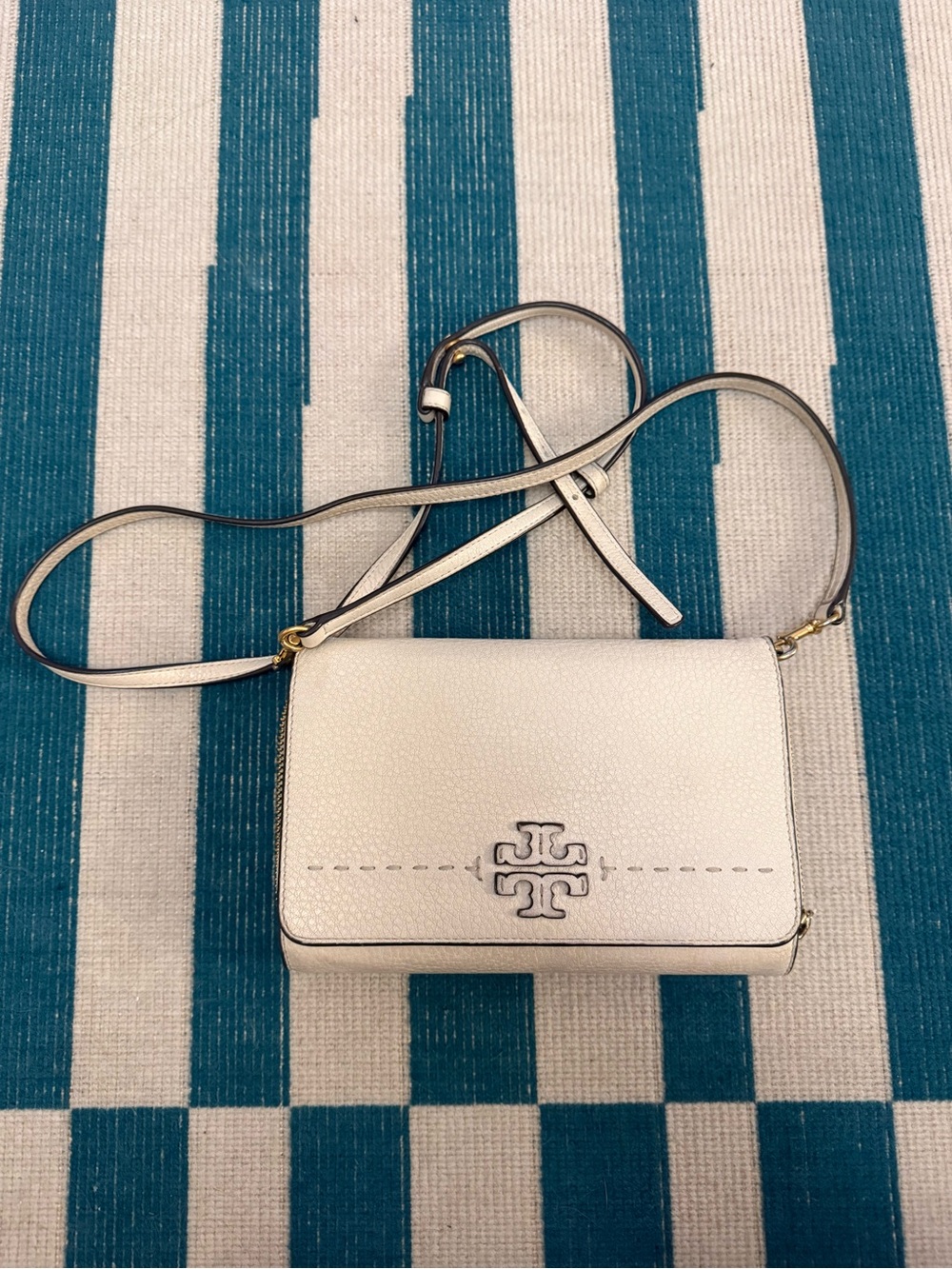 Tory Burch Cream Pebbled Leather Logo Crossbody